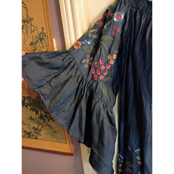 Umgee Dress Blue Embroidered Flared Sleeves Sz L On Or Off Shoulder Boho Fairy - Picture 4 of 11